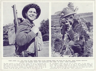 Tommy Atkins, mit fröhlichem Lächeln und in voller Marschordnung mit Schutzgasmaske und Tarnung, bereit für den Kampf, aus The Illustrated War News, veröffentlicht am 8. November 1939